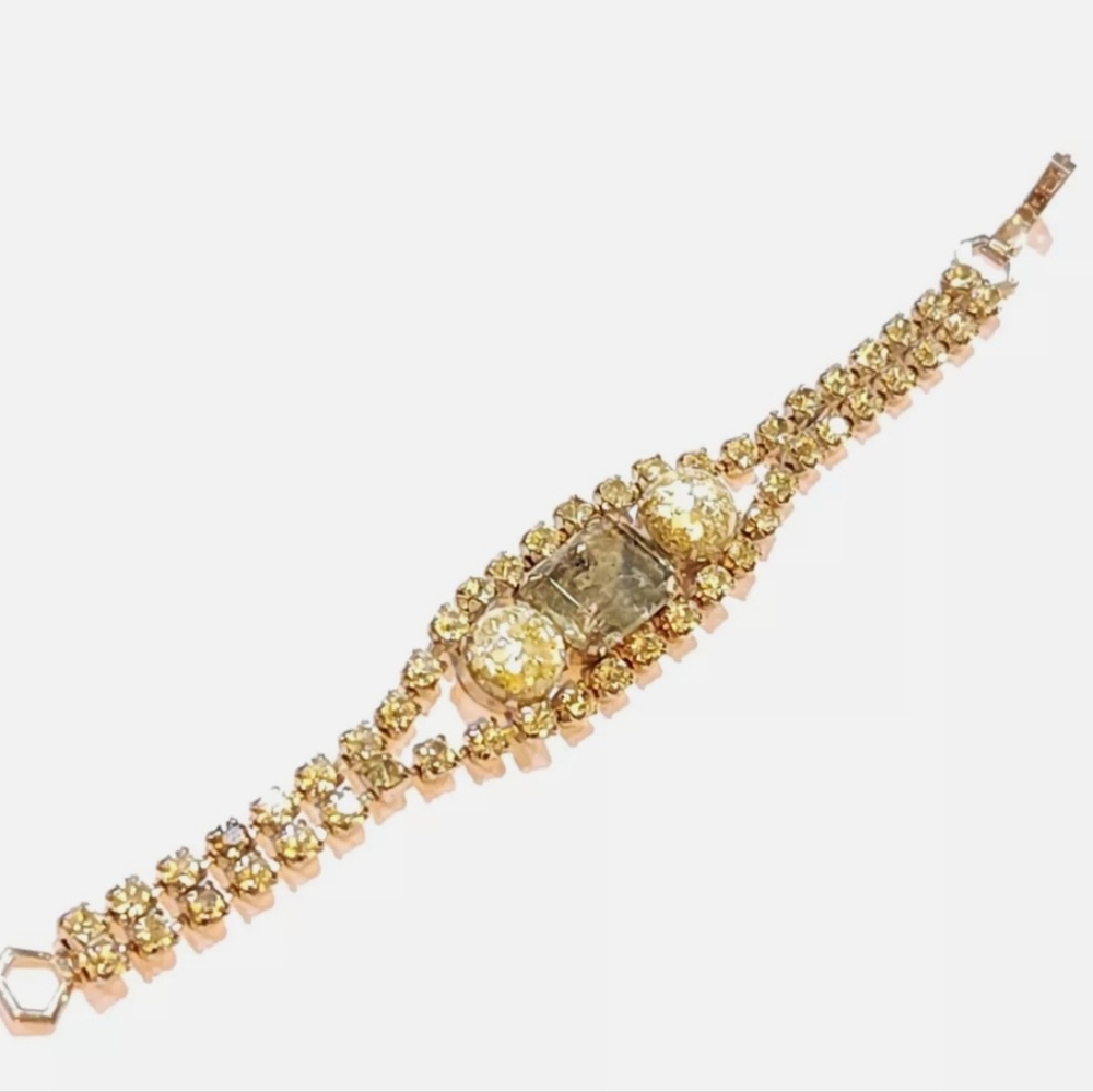 Stunning yellow rhinestone and confetti lucite 1950s 60s tennis style bracelet b